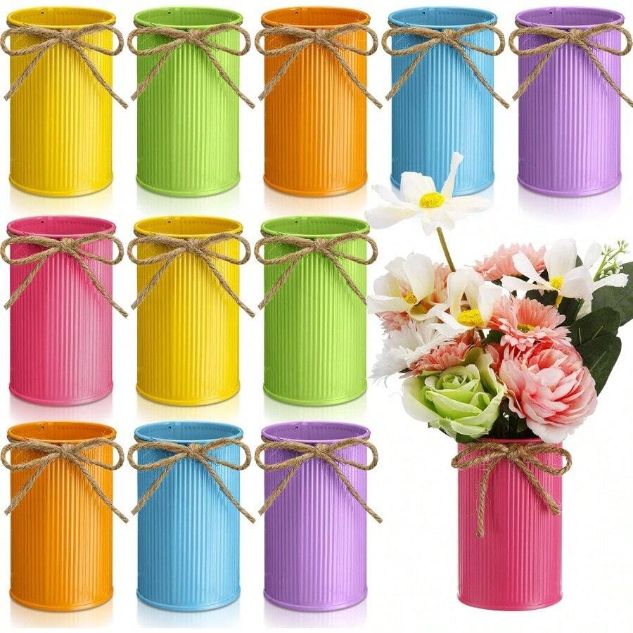 Domensi 4.33 Inch High Farmhouse Vase R Vintage Flower Vase With Twine Bow Rustic Galvanized Metal Buckets For Artificial Flowers For Table Centerpiece Weddings Home Multicolor12 Pcs