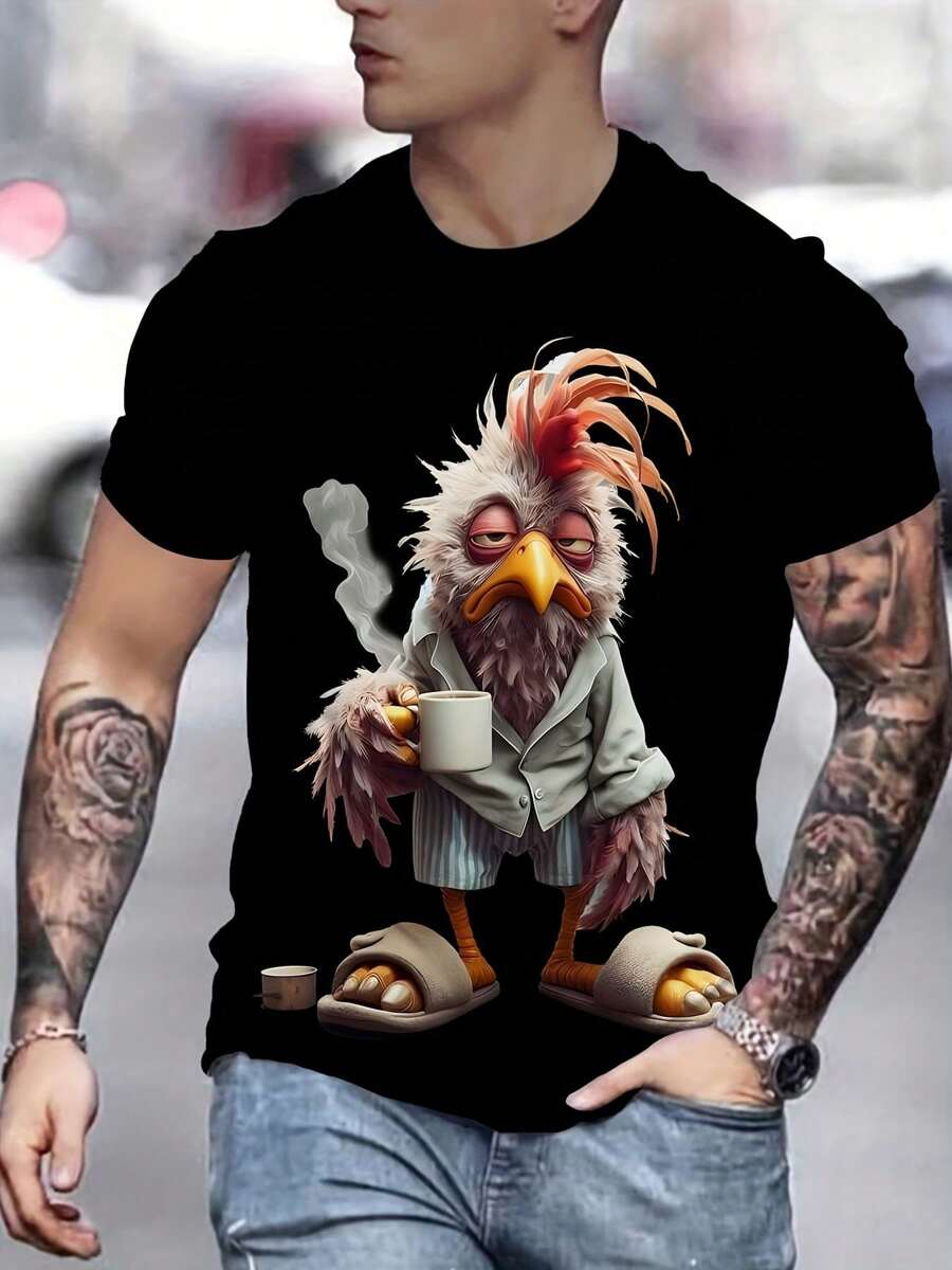 Casual Men's Rooster Animal Print Design Tee - Black - View 1