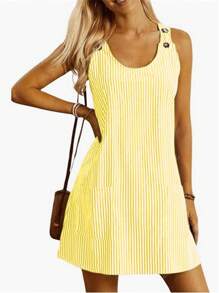 Vestido casual de cuello redondo a rayas sin mangas con bolsillo