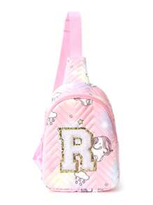 1 件 26 个英文字母刺绣粉色绗缝可爱独角兽斜挎包适合女孩卡哇伊可调节肩带便携式胸包适合徒步旅行、度假和日常通勤儿童节日礼物