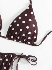LUCKY HOLIDAY Fashionable Sexy Polka Dot Tie Side Triangle Bikini Swimwear Set - Coffee Brown - View 6