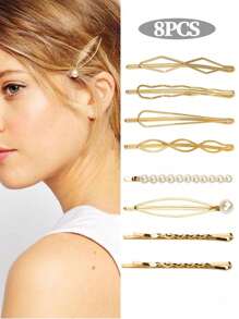 8 Pieces Geometric Metal Hair Pins, Pearls Hair Clips Elegant Hair Barrettes Bridal Gold Metal Bobby Pins Dainty Embellished Bobby Pins For Woman And Girls