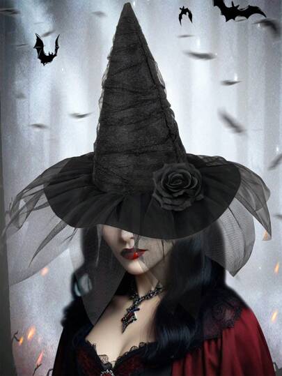 1 件黑色网状玫瑰女巫帽，万圣节服装配饰，舞台表演道具