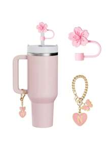 兼容 杯配件 1 件黑粉色吸管盖，用于杯吸管盖，1 件可爱心形字母和圆形字母饰物，适用于 30&40 盎司带手柄玻璃杯，字母饰物配件的长度为 3.94 英寸。个性化字母配件