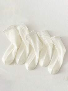 5 双儿童薄款蕾丝边中筒袜，女童白色透气网眼袜，春夏