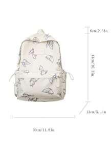 1pc White Nylon Casual Lightweight Butterfly Allover Print Large Capacity Foldable Water-Resistant Multipocket Zipper Backpack, Suitable For Teenagers, High School & College Students, Daily Commute, Travel, Graduation Gift