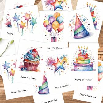 12pcs Birthday Cards, Watercolor Style Birthday Greeting Cards, Birthday Wishes, Birthday Gifts, High-Quality Prints, Birthday Cards For Friends, Family, Cute Birthday Cards 