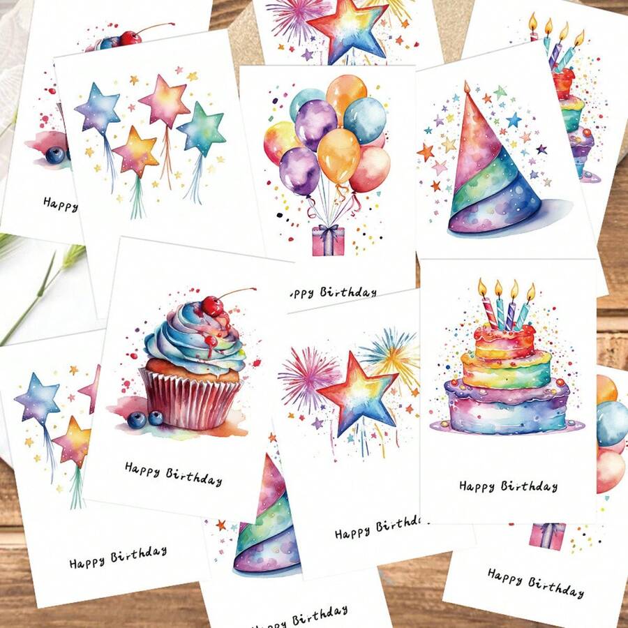 12 Tarjetas de cumpleaños, Tarjetas de felicitación de cumpleaños con estilo acuarela, Deseos de cumpleaños, Regalos de cumpleaños, Impresiones de alta calidad, Tarjetas de cumpleaños para amigos, familia, Tarjetas de cumpleaños lindas - Multicolor - Ver 1