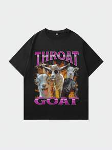 Shwiy 有趣的“喉咙山羊”Y2K 图案 T 恤 - 令人反感的成人幽默，短袖，黑色休闲针织模因印花 T 恤，带有大胆的紫色字母和俏皮的山羊图案，T 恤俏皮设计光泽面料