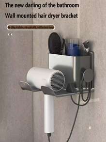 1pc No-Drill Wall Mounted Dual Compartment 2-In-1 Hair Dryer Holder & Storage Rack, Bathroom Organizer