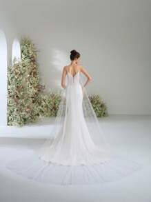 优雅高贵可爱细肩带飘纱深 V 领夏季森林仙女舞会礼服露背美人鱼婚纱新娘 - 白色 - 查看 4