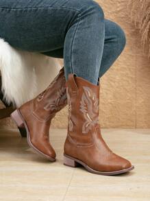 Women's Thick Heel Slip-On Embroidered Brown Western Ankle Booties, Go With Sweater Square Toe Mid-Calf Fashion Cowboy Boots, New Autumn Winter Short Shaft Riding Boots