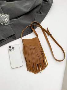 Mini Casual Fashionable Minimalist Large Capacity Tassel Bucket Shoulder Bag - Brown - View 9