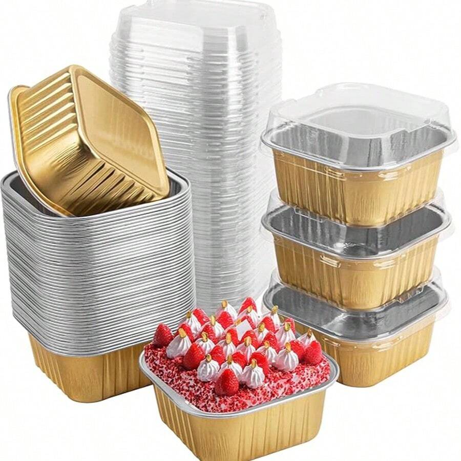 50 Molde De Aluminio Desechable Pastel Para Hornear Con Tapa - Dorado - Ver 1
