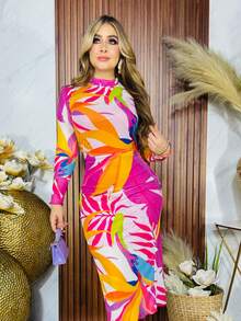 Women Midi Dresses - 粉紅色和橘色的葉子 - 查看 3