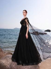 DELLA COUTURE Black Asymmetric One Shoulder Single Sleeve Long Women Evening Dresses, Sexy See Through Elegant Club Sequins Gown Style Gown Dresses, Best For Formal Parties, Red Carpet Events And Luxury Gatherings, Elegant, Sophisticated, High-End Designs, Party Dress, Wedding Guest Dress - Black - View 2