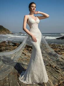 HEARBOBO 迷人高贵夏季白色蕾丝网眼性感 V 领毕业正式长礼服，新娘紧身胸衣美人鱼婚纱