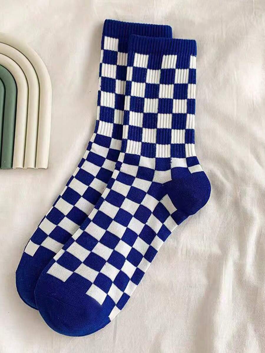 1 Pair Blue Checkerboard Unisex Socks Christmas Gift - Blue - View 1