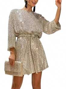 S Sequin Party Dress, Sparkle Long Sleeve Round Neck Short Cocktail Dress With Belt - 香檳色 - 查看 2