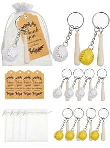 18pcs/9pcs Baseball & Softball Keychain Gift Set, Includes 3pcs Keychains, 3pcs Thank You Cards, 3pcs Organza Bags, Sports Team Keychains, Mini Baseball Softball Keychains, Craft Bag Charms, Suitable For Team Gathering, Birthday Party, Appreciation, Sports Themed Party Favors, Sports Souvenir Gifts