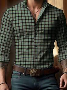 Men's Checkered Design Button-Up Dress Shirt, Long Sleeve, Formal Work Wear, Essential Gift, For Fall - Mint Green - View 1