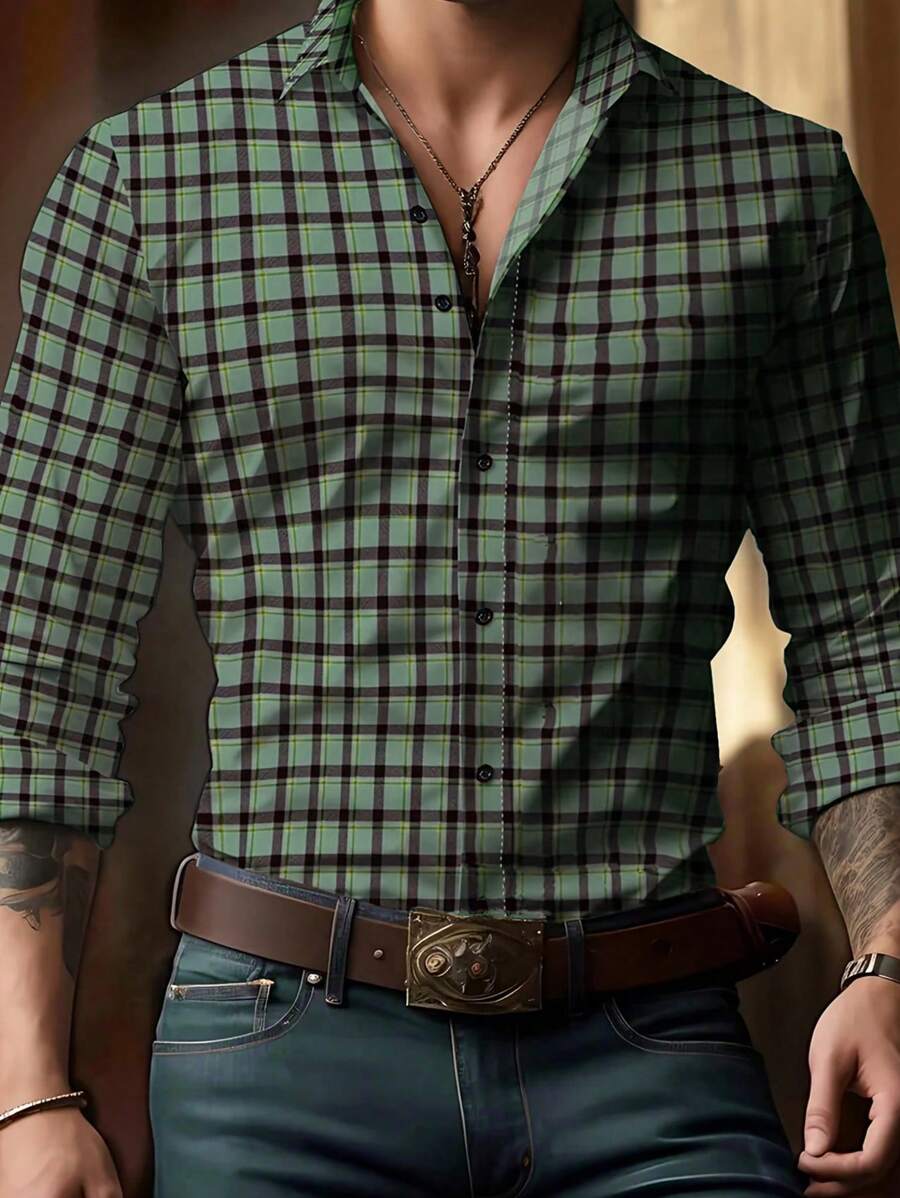 Men's Checkered Design Button-Up Dress Shirt, Long Sleeve, Formal Work Wear, Essential Gift, For Fall - Mint Green - View 1