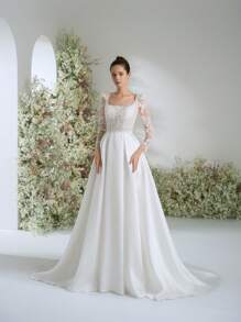 Elasola Glamorous Square Neck Beaded Lace Floral Lace Patchwork Satin Split Thigh Garden Party Sheer Long Sleeve Palace Style Wedding Dresses For Bride With Train