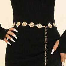 Accesoriu rochie cu lanț cu talie cu disc rotund metalic pentru femei, centură decorativă de modă versatilă de purtat cu cămăși, blugi, potrivită pentru primăvară, vară, toamnă, iarnă