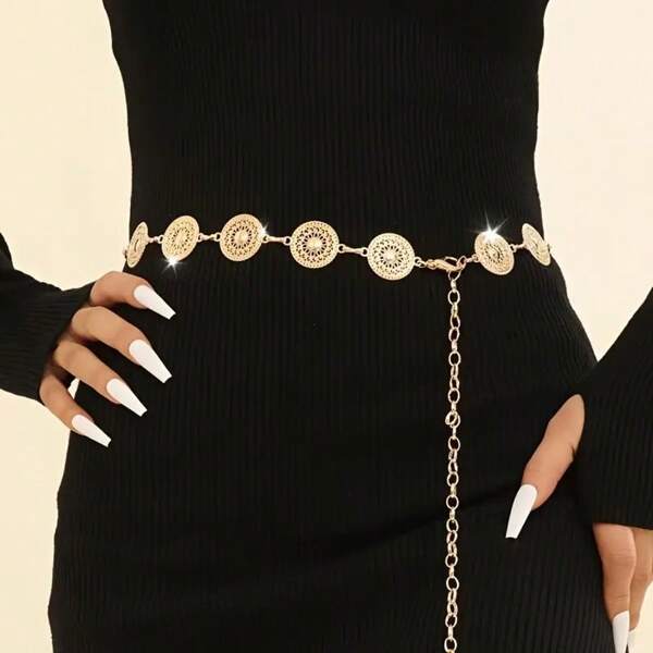 Round Metal Waist Chain, Fashion Decoration For Dress, Shirt, Jeans, Versatile Waist Belt, Sunburst Bohemian Style, Zinc Alloy Material, Suitable For All Seasons Summer, School Fall, Autumn, Halloween