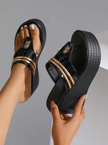 Women's Fashionable Slip-On Shoes With Anti-Slip Soles, Lightweight And Suitable For Wearing With Dresses, Pants, Casual Occasions, Increases Height And Slimming Effect, Daily Casual Flip-Flop Sandals For Summer,Wedge Sandals,Flip Flops - Black - View 8