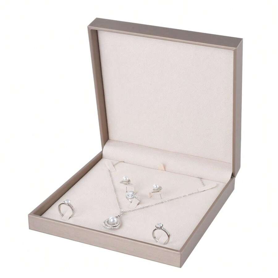 Elegant Champagne Square PU Jewelry Necklace Set Gift Box, High Quality Ring Earring Necklace Packaging Storage Gift Box, Wedding Gift Box, Portable Storage Back To School Dormitory Storage
