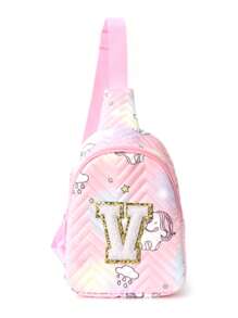 1 件 26 个英文字母刺绣粉色绗缝可爱独角兽斜挎包适合女孩卡哇伊可调节肩带便携式胸包适合徒步旅行、度假和日常通勤儿童节日礼物