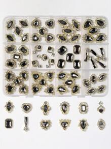 1Box 60PCS Gold Alloy Nail Gems With Black Rhinestones, Hypoallergenic Nail Crystals Nail Charms Set. Heart, Octagon, Marquise, Teardrop. Salon-Grade Nail Jewelry Kit For DIY Bridal Party Nail Art - 彩色 - 查看 7