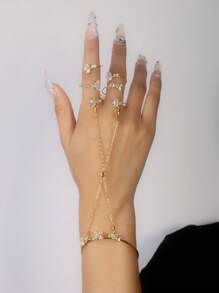 Anillo con brazalete ajustable de circonita cúbica, joyería de boda de lujo hecha a mano para novia - Dorado - Ver 1
