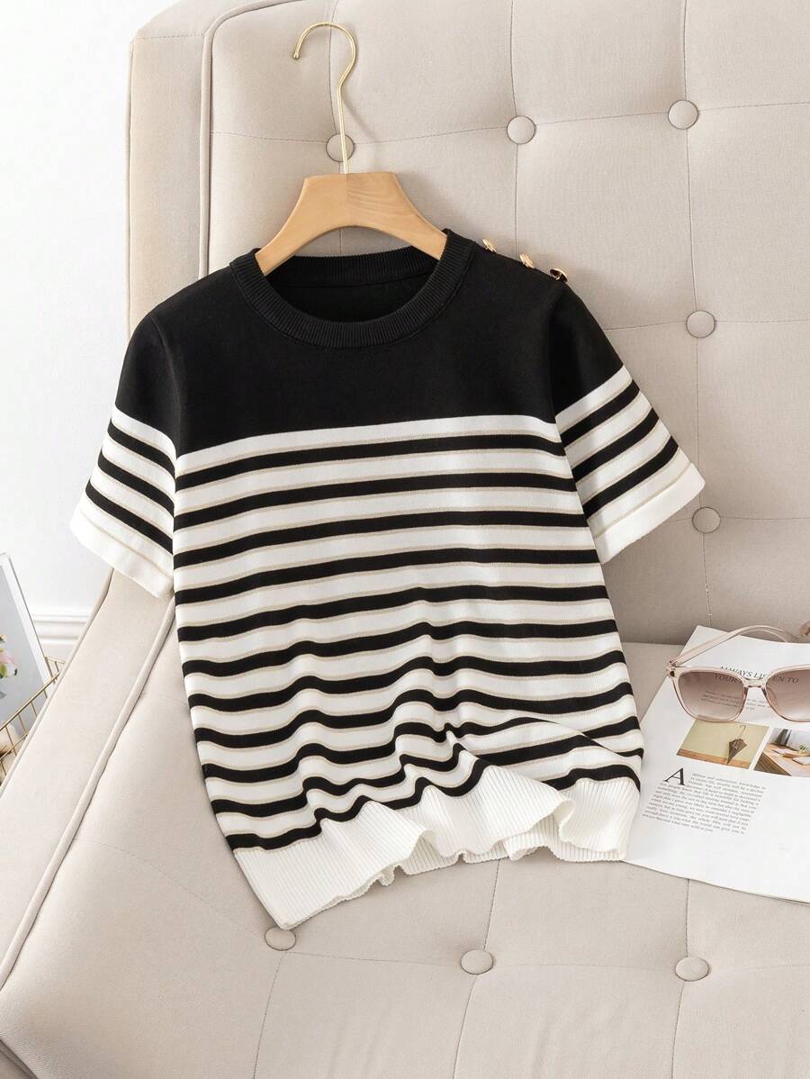 条纹女式针织短袖T恤夏季时尚女士T恤上衣