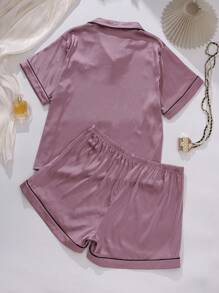 Conjunto de pijama de 2 piezas de mujer talla grande, con blusa de satén con bordado de lazo y manga corta, y pantalón corto, ropa de descanso casual para el verano y vacaciones