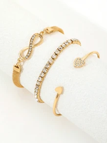 3pcs Elegant Infinity Symbol Metal Bracelet Set For Women, Heart Shape Rhinestone Embellished Bangle, Suitable For Daily Life Or Casual, Mother's Day Gift