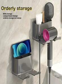 1pc No-Drill Wall Mounted Dual Compartment 2-In-1 Hair Dryer Holder & Storage Rack, Bathroom Organizer