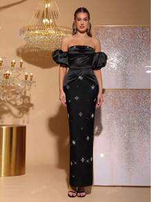 Nuovo arrivo abito da donna nero con decorazioni in paillettes, sexy con spalle scoperte e schiena scoperta, maniche a lanterna, vestito fasciante. Adatto per matrimoni, feste e occasioni formali. Abito da festa, abito da ospite di matrimonio, abito da sera, vestito da cerimonia.