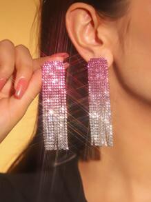 Fashion Glamorous Spring Hot Pink CZ Crystal Tassel Earrings Stud Wedding Party Graduation Jewelry 1 Pair