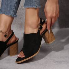 Women's Black Chunky Heel Square Toe Strap Fishmouth Platform Sandals, Versatile And Height-Increasing