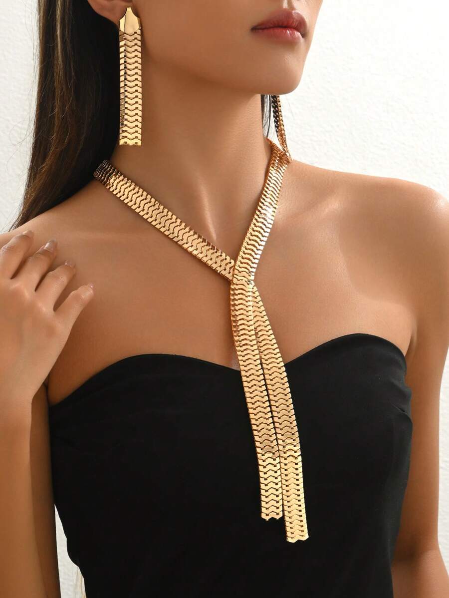 3pcs/Set Y-Shaped Fashion Elegant Exaggerated Versatile Party European And American Personalized Set Necklaces & Earrings - Yellow Gold - View 1