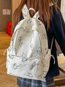 1pc White Nylon Casual Lightweight Butterfly Allover Print Large Capacity Foldable Water-Resistant Multipocket Zipper Backpack, Suitable For Teenagers, High School & College Students, Daily Commute, Travel, Graduation Gift
