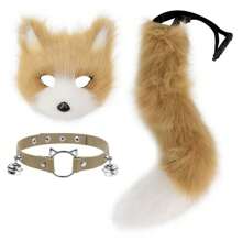 Faux Fur Fox Mask Wolf Cat Fluffy Tail And Leather Necklace Set Halloween Cosplay Party Costume Accessory, Rave - Multicolor - View 14