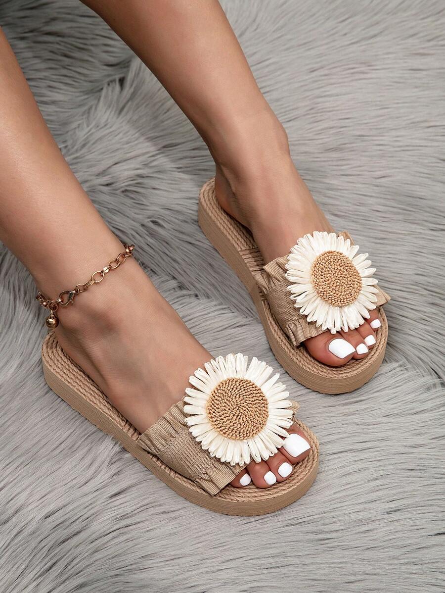 Dép xăng đan đế xuồng cho nữ, Dép xỏ ngón viền bèo nhún họa tiết Camel, Dép xỏ ngón đế dày đế thấp đi biển mùa hè, Trang trí hoa hướng dương - Lạc đà - Xem 1