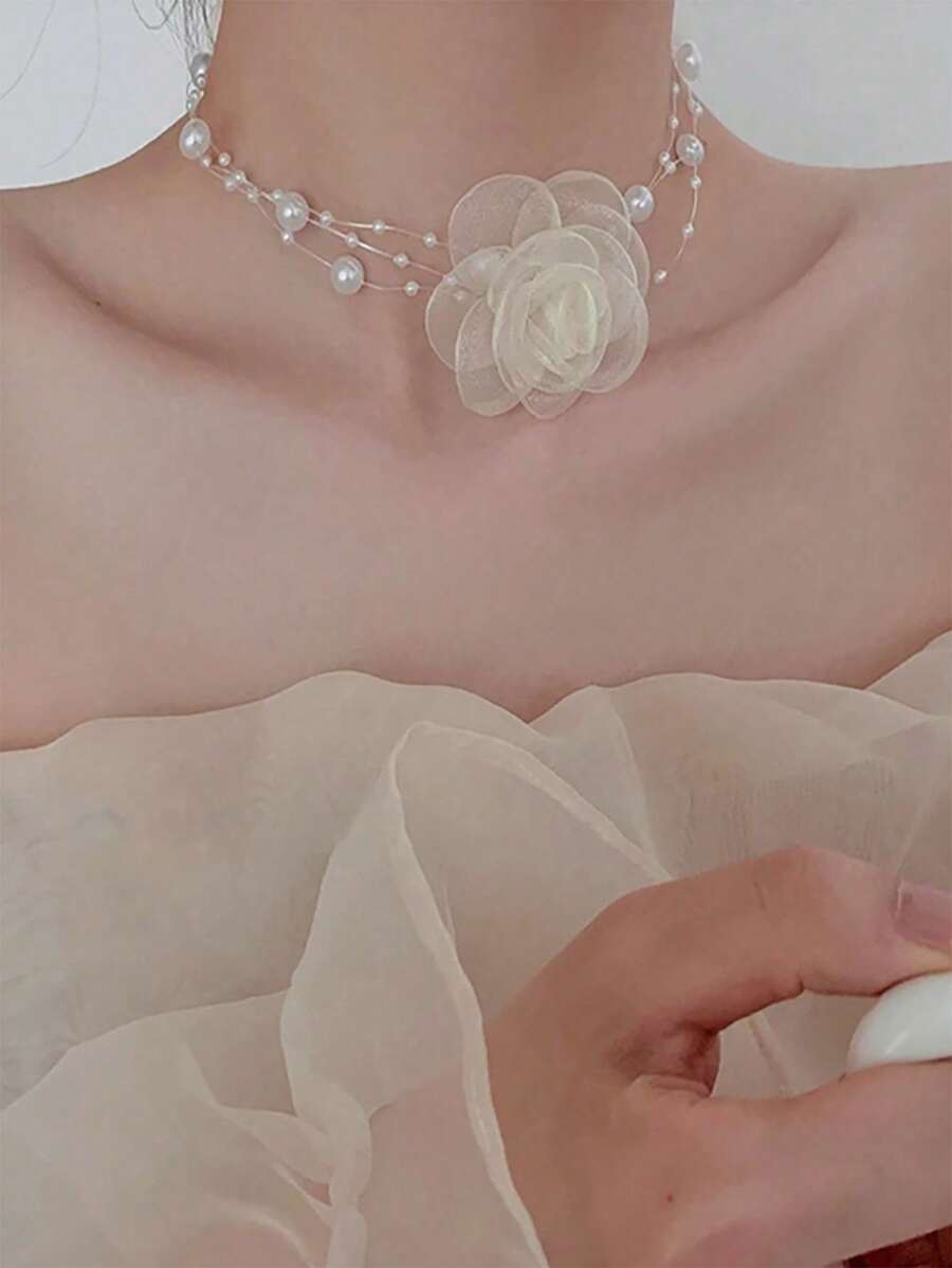 1 件优雅自然风玫瑰花珍珠项链 - 白色 - 查看 1