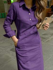 春秋新款时尚优雅翻领纽扣长袖女式阿拉伯连衣裙