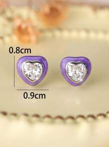 1 对独特迷人的银色方晶锆石心形耳钉，适合女士，时尚银耳环，适合派对、生日、订婚、结婚纪念日的礼物 - 紫色 - 查看 5