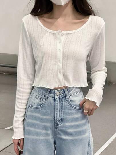 女士纯色单排扣荷叶边长袖开衫，夏季款