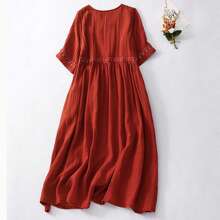 Women Long Dress, Elegant Short Sleeve Crew Neck Embroidery Loose Summer Casual Dress - 紅色 - 查看 2
